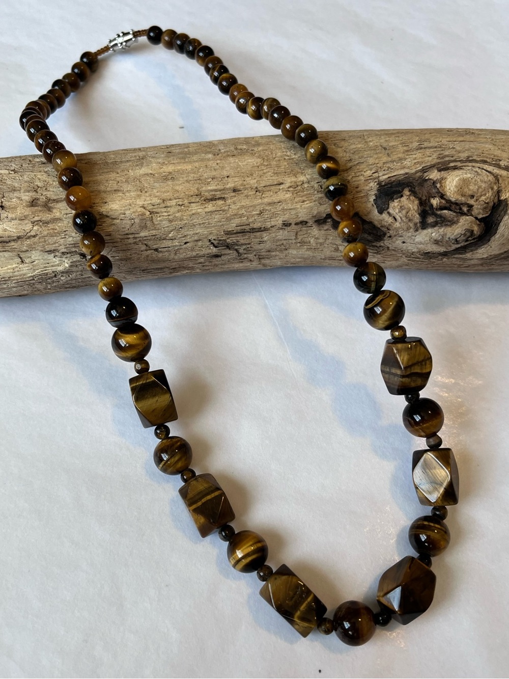 Genuine Tiger's Eye Statement Necklace Alternating Round Faceted Geometric Stone